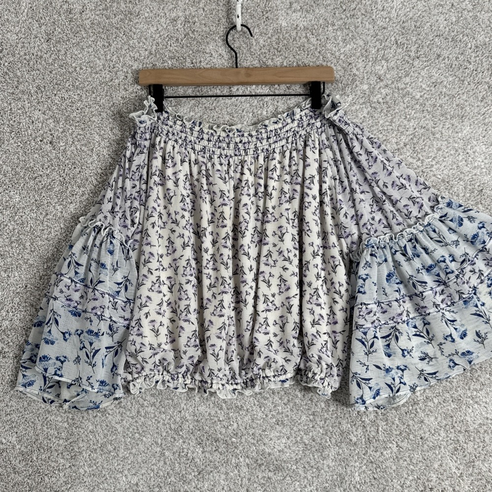 Boho Off-Shoulder Floral Bell Sleeve Top in Blue and White